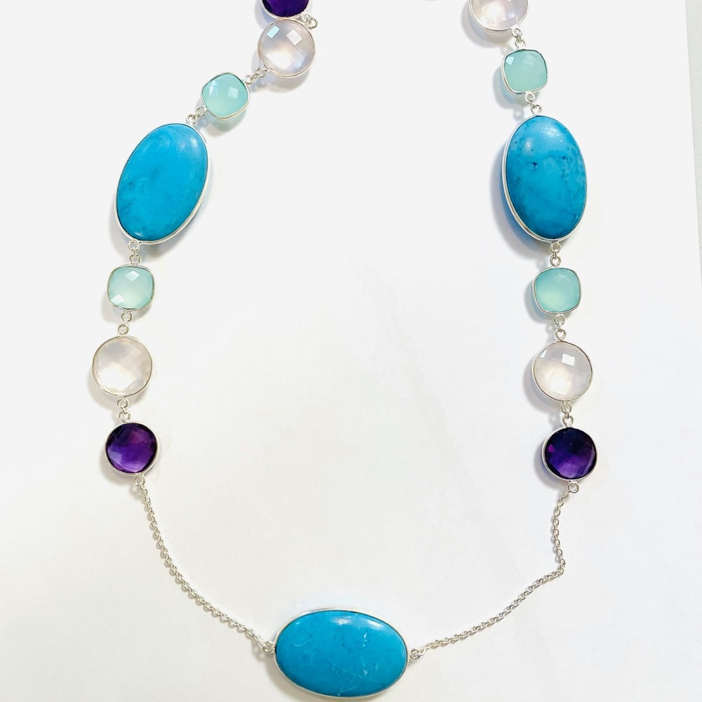 Sterling Silver Multi Gem Long Station Necklace